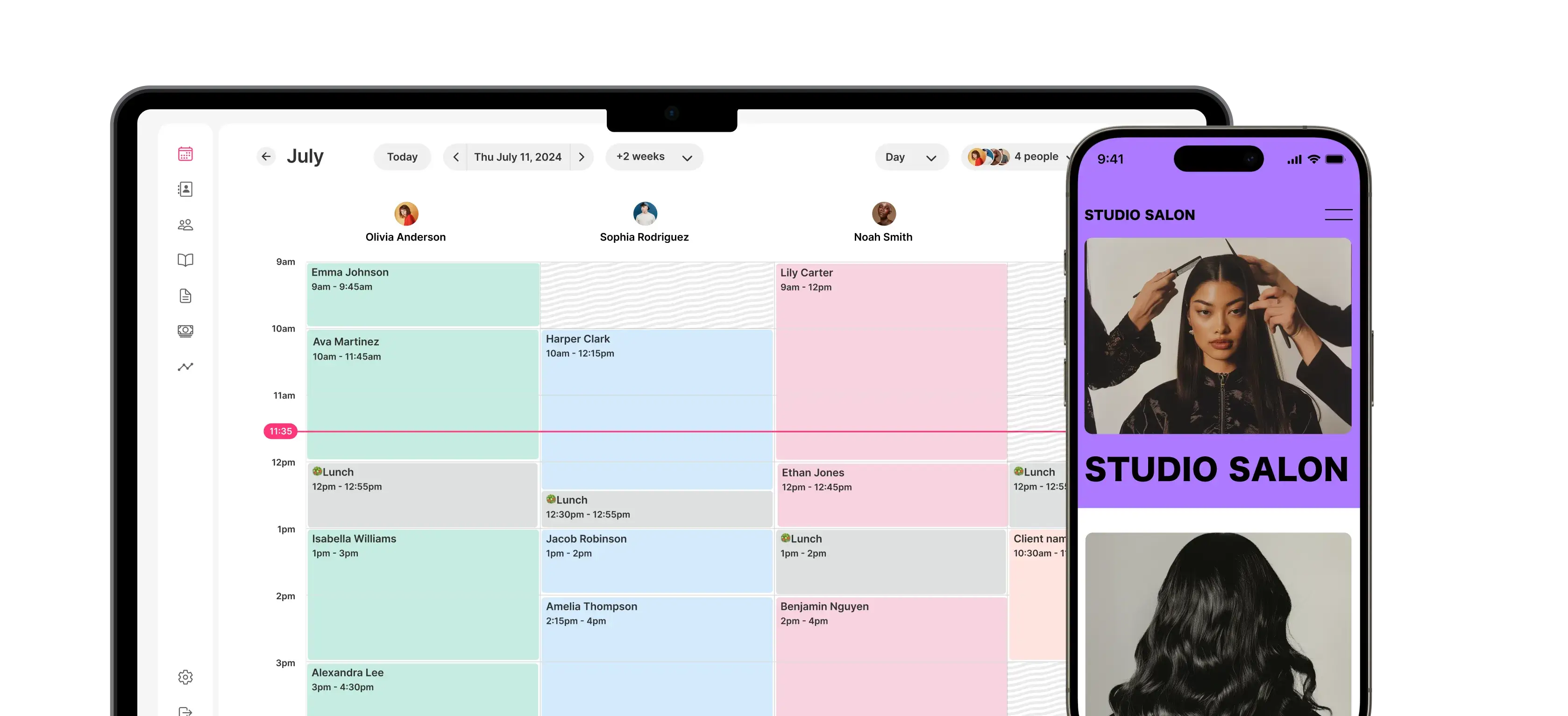 A tablet displaying a salons appointment software's calendar interface and a smartphone showing the salon's website homepage.